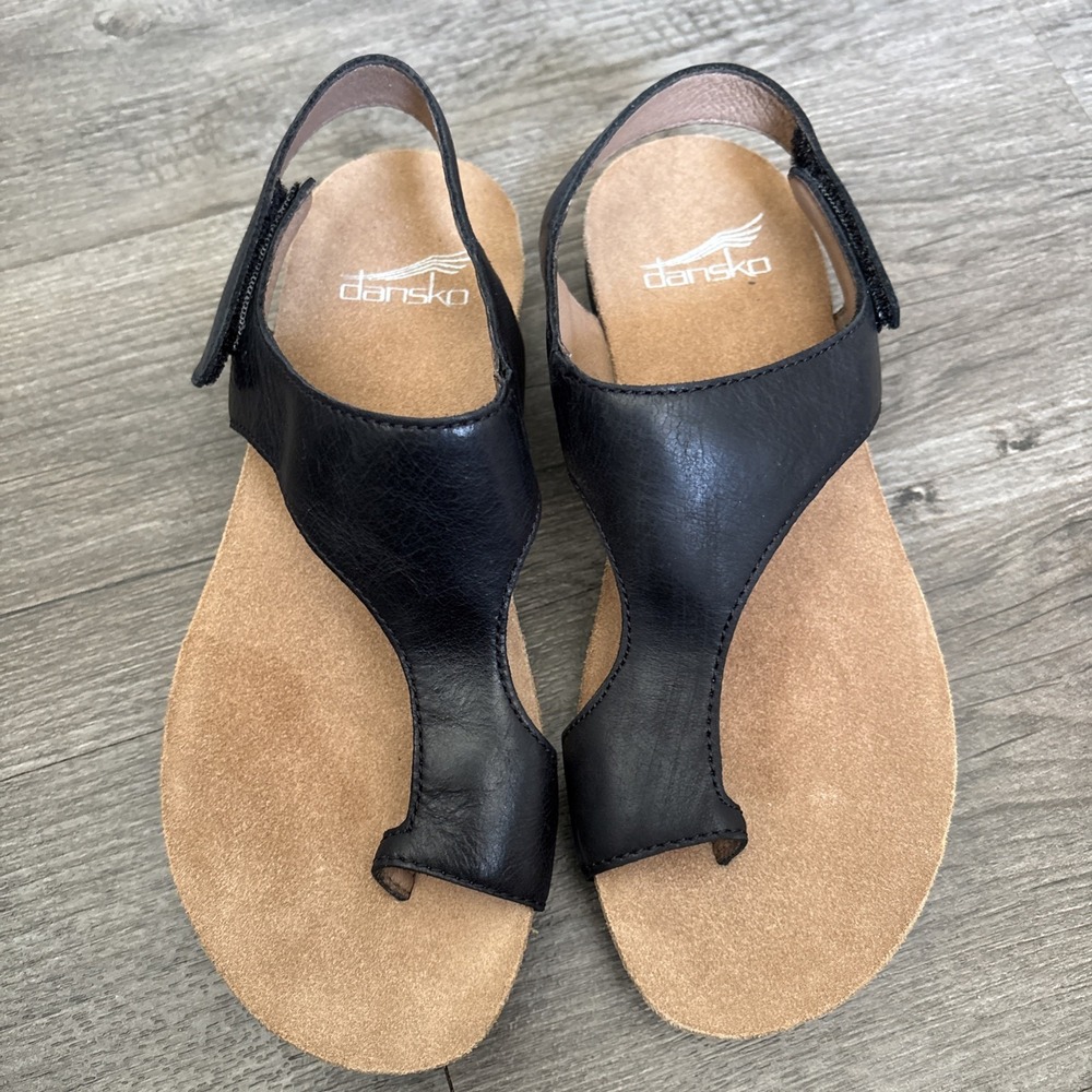 Dansko Reece Sandals Womens 35 black Burnished Leather Toe Post Slingback Cork
